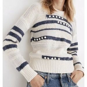 Madewell Cream and Navy Striped Crewneck Sweater
